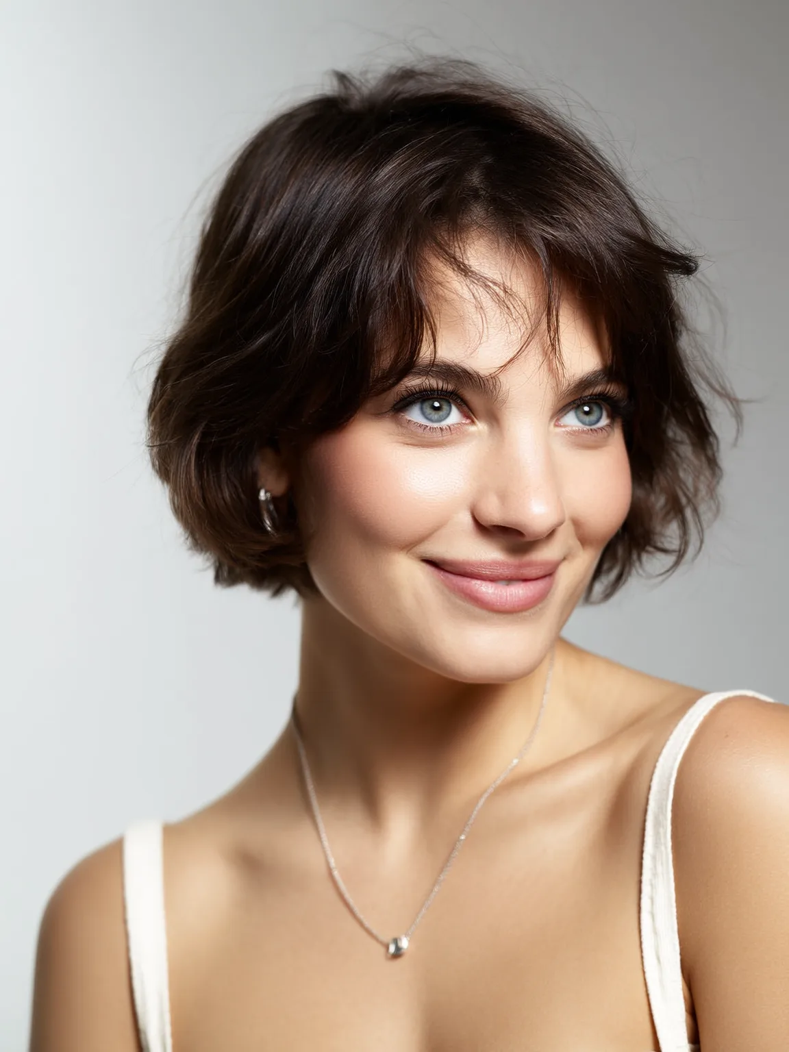 Short Wavy Chocolate Brown Textured Bob with Wispy Bangs